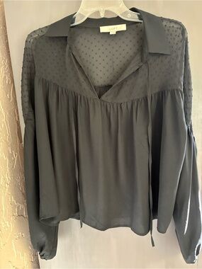 LOFT Black Swiss-Dot Peasant Top with Tie Neck